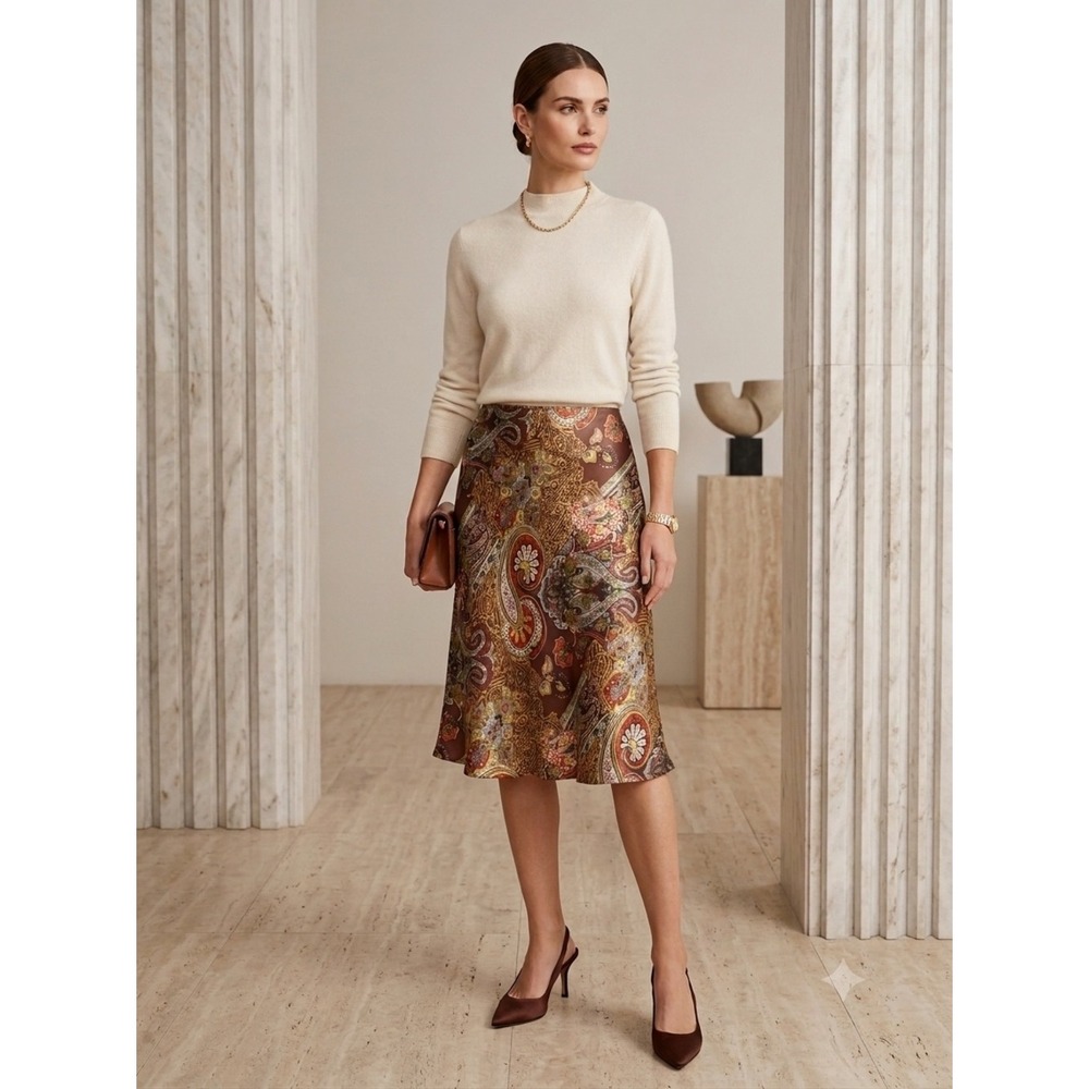 Pierre Cardin Vintage Paisley Satin A-Line Bias Cut Skirt 12 Boho Quiet Luxury